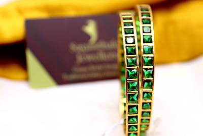 Sparkle Square One Gram Gold Bangles – Elegant Green CZ/AD Accents for Every Occasion! Sparkle Square One Gram Gold Bangles – Elegant Green CZ/AD Accents for Every Occasion!