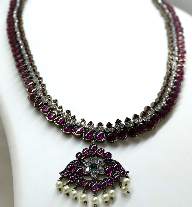 Margam Temple Jewellery Mango Pattern Necklace – Black Antique Finish, Real Kempstones, Copper Base Margam Temple Jewellery Mango Pattern Necklace – Black Antique Finish, Real Kempstones, Copper Base
