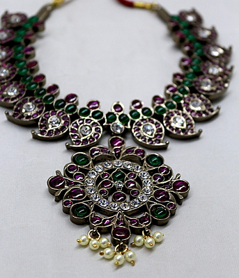 Margam Temple Jewellery – Black Antique Finish Copper Base & Real Kempstones - Mango Pattern Necklace