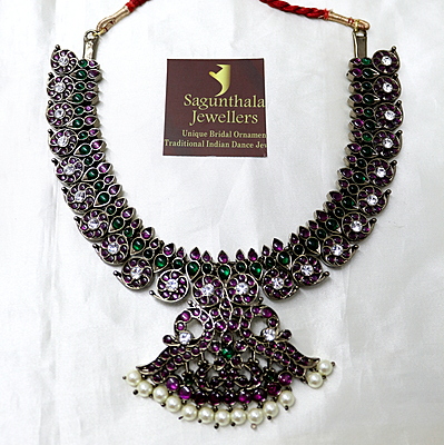 Margam Temple Jewellery – Black Antique Finish Copper & Real Kempstones - Mango Pattern Necklace