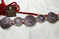 Margam Temple Jewellery Oddiyanam – Black Antique Finish Waistbelt/Kamarbandh with Real Kempstones, Copper-Based