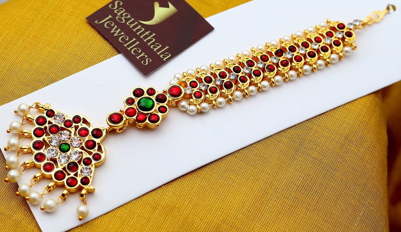 Brass Gold Plated Temple Jewellery Maang Tikka with Red Kempstones – Traditional Hair Accessory Brass Gold Plated Temple Jewellery Maang Tikka with Red Kempstones – Traditional Hair Accessory