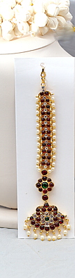 Brass Gold Plated Temple Jewellery Maang Tikka with Red Kempstones – Traditional Hair Accessory Brass Gold Plated Temple Jewellery Maang Tikka with Red Kempstones – Traditional Hair Accessory