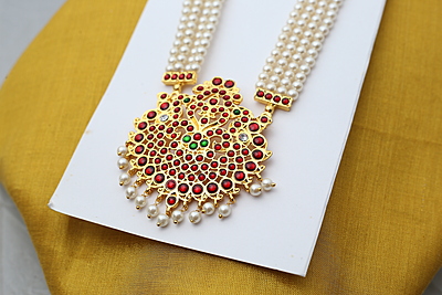 Brass Gold Plated Temple Jewellery Haram with Artificial Kemp Stones & Pearls Brass Gold Plated Temple Jewellery Haram with Artificial Kemp Stones & Pearls