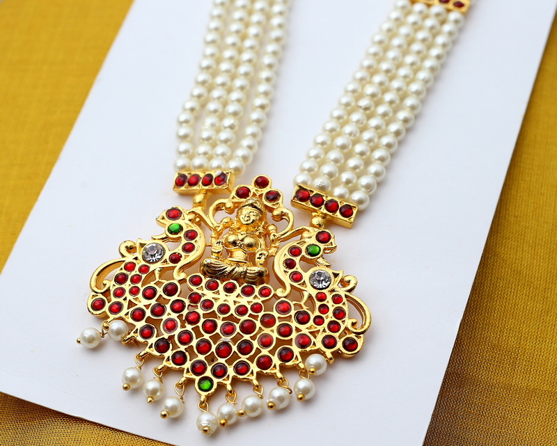Brass Gold Finish Temple Haram with Artificial Kempstones & Pearls – Traditional Long Necklace Brass Gold Finish Temple Haram with Artificial Kempstones & Pearls – Traditional Long Necklace