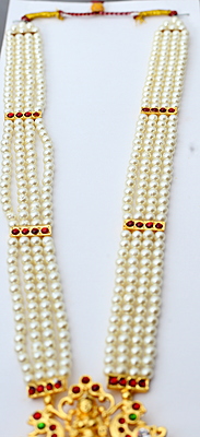 Brass Gold Finish Temple Haram with Artificial Kempstones & Pearls – Traditional Long Necklace Brass Gold Finish Temple Haram with Artificial Kempstones & Pearls – Traditional Long Necklace