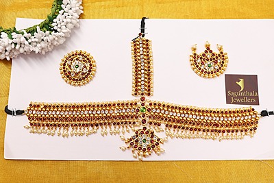 Temple Jewellery – Brass Gold Finish & Artificial/Imitation Kempstones - Headset with Surya & Chandra Pirai/Sun & Moon