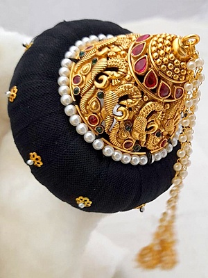 Andal Kondai - Matte Antique Finish One Gram Gold & Real Kempstones Hair Accessory Andal Kondai - Matte Antique Finish One Gram Gold & Real Kempstones Hair Accessory