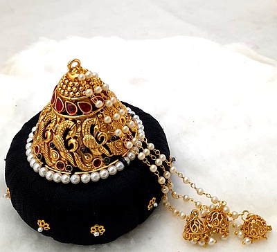Andal Kondai - Matte Antique Finish One Gram Gold & Real Kempstones Hair Accessory Andal Kondai - Matte Antique Finish One Gram Gold & Real Kempstones Hair Accessory