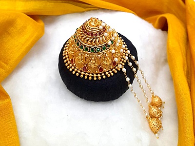 Andal Kondai - Goddes Lakshmi in Matte Antique Finish & Real Kempstones Ethnic Hair Accessory Andal Kondai - Goddes Lakshmi in Matte Antique Finish & Real Kempstones Ethnic Hair Accessory
