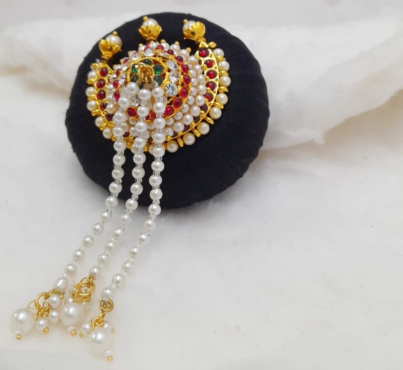 Andal Kondai - Kempstones with Chandran Pattern Hair Accessory - Bridal/Bharathanatyam/Goddess Decorations Andal Kondai - Kempstones with Chandran Pattern Hair Accessory - Bridal/Bharathanatyam/Goddess Decorations