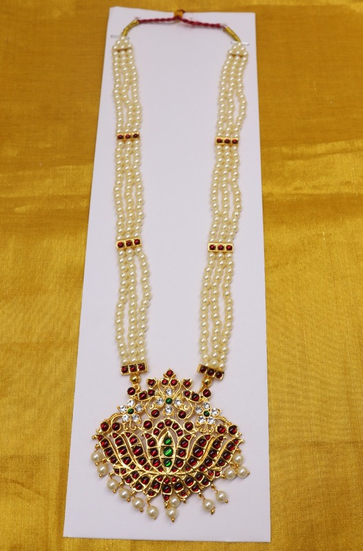 Lotus Pendant Temple Haram with Pearls & Kempstones – Premium Ethnic Jewelry Lotus Pendant Temple Haram with Pearls & Kempstones – Premium Ethnic Jewelry